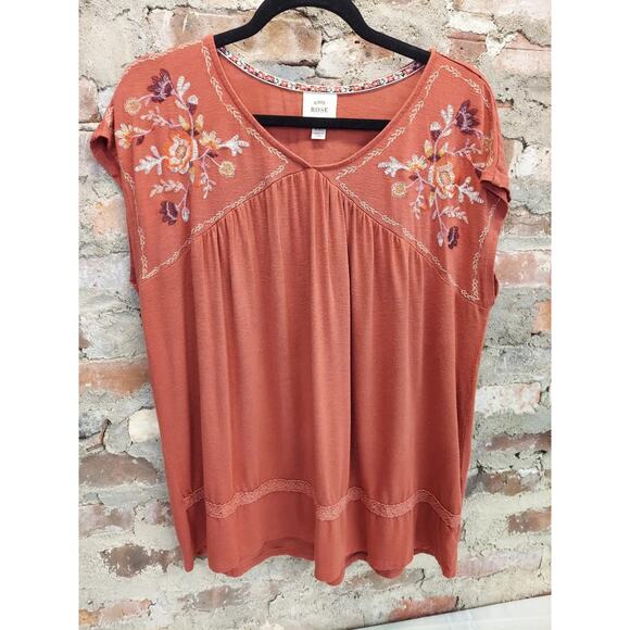 Unbranded Tops - Knox Rose Womens Embroidered Top Blouse Size XXL Rust Orange Floral Boho